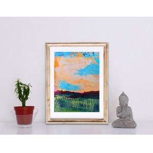 Tramonto impressionista colorato: Acrilico su carta. Piccolo regalo d'atmosfera, decorazione d'interni per parete. Regalo di lusso con paesaggio