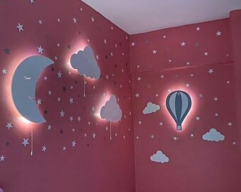 Set of 4 Nursery Lighting, Baby Room Lamp, Ballon Lamp, Cloud Lamp, Kids Wall Lamp, Moon Nursery Decor, Nursery Lamp, Custom Baby Gift