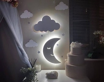 Nursery Wall Lights Cloud And Moon Night Light Customized Wooden Cloud And Moon Wall Light for Kids Nursery Night Light