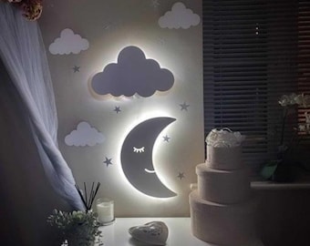 Cloud Nursery Wall Lights Cloud And Moon Night Light Customized Wooden Cloud And Moon Wall Light for Kids Nursery Night Light