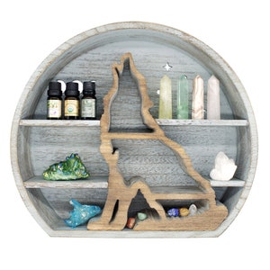 Wolf Shelf For Crystals - Crescent Moon Shelf For Rocks, Essentials Oils, Plants - Crystal Shelf Display For Wall Decor, Tabletop (Gray)