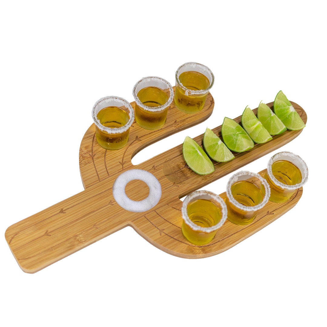 Cactus Tequila Tray & Tequila Shot Glasses Set Bamboo Shot Glasses Holder Serving Tray Tequila
