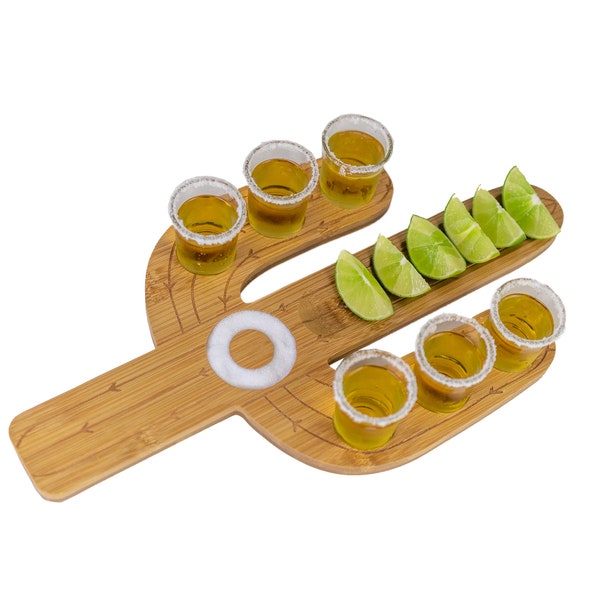 Cactus Tequila Tray & Tequila Shot Glasses Set - Bamboo Shot Glasses Holder Serving Tray - Tequila Gifts - Mexican Tequila Shot Board