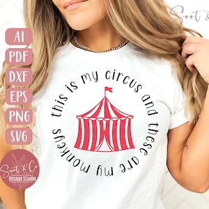 May include: White t-shirt with a black circle design that says "These are my monkeys this is my circus". Inside the circle is a red and white striped circus tent.