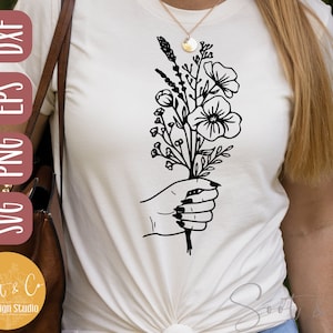 Wildflower bouquet svg, Hand holding flower svg, Floral svg, Shirt, Line drawing bouquet svg, SVG,PNG, EPS, Instant Download, Cricut