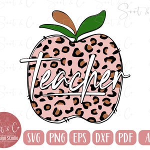 Teacher Apple SVG design - Leopard print Teacher SVG - Teacher t-shirt - Cricut cut file- svg, png, dxf, pdf, ai - Digital Download