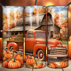 Fall Tumbler Wrap, Pumpkin Truck Sublimation Design, 20 oz Skinny Tumbler, Tumbler png download, pumpkin Digital download