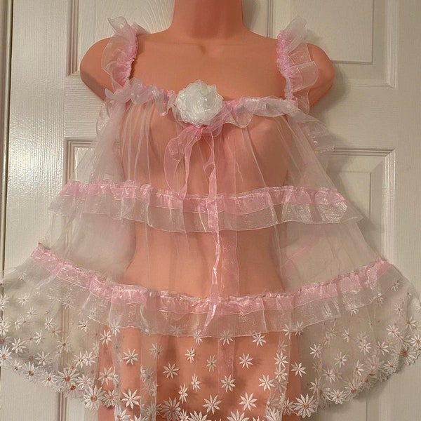 Sissy White Baby Doll Nighty Negligee Dress Set Transparent Very Soft Net and Soft Organza, Cami top Pantie, men's and women Lingerie