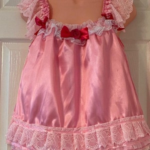 Sissy  Baby Doll Nighty Negligee Dress Set, Pink Shiny Satin and Soft Pink Lace , Cami top Pantie Set, Men&#39;s and Women Lingerie