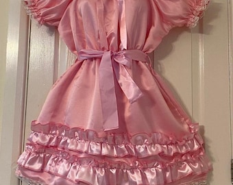 Sissy satijnen babymeisjesstijl feestjurk voor volwassenen, zachte satijnen babyroze kleur, heren en dames, babypop