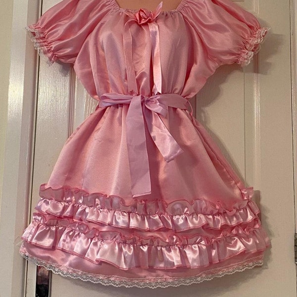Adult Sissy Satin Baby Little Girl Style Party Pageant Dress, Soft Satin Baby Pink Colour, Men's and Women, Baby Doll