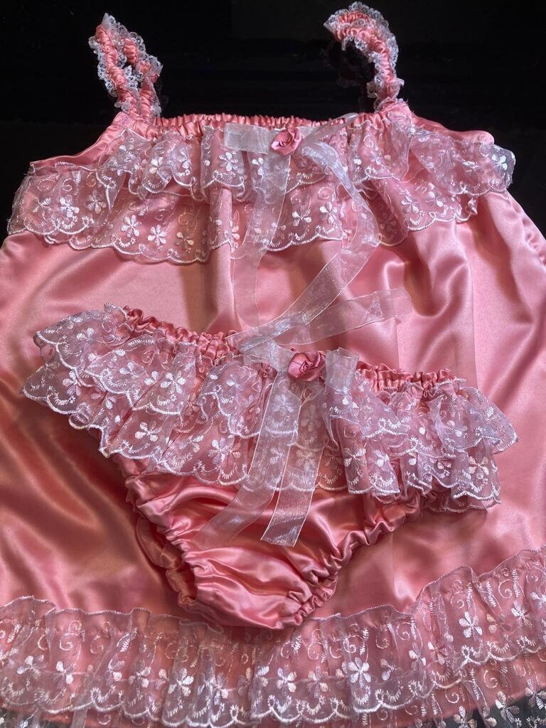 Sissy Peach Pink Satin Baby Doll Nighty Negligee Dress Set - Etsy