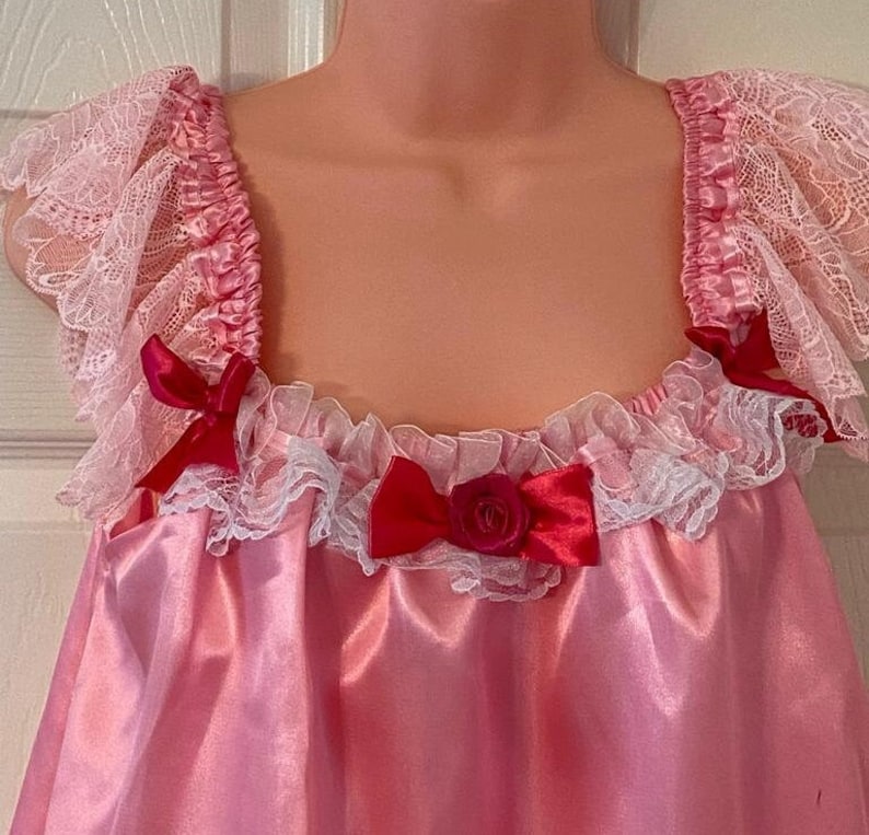 Sissy Pink Shiny Satin and Soft Pink Lace Baby Doll Nighty Etsy