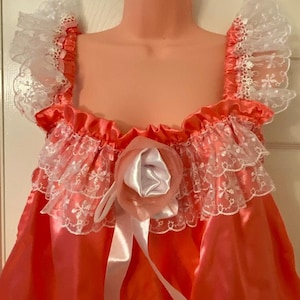 Valentine Sissy  Baby Doll Nighty Negligee Dress Set, Coral Red Shiny Satin and  White Lace , Cami top Pantie Set Men&#39;s and Women Lingerie