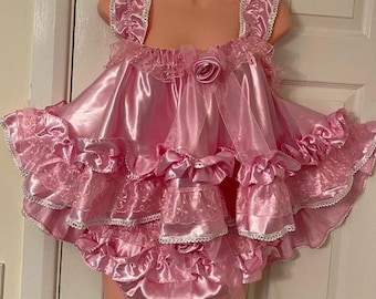 Sissy Baby Pink Satin Baby Doll Nighty Negligee Dress Set, Cami top Pantie, men's and women Lingerie Cosplay Fancy Dress CD TV