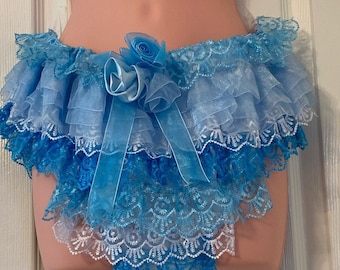 Sissy Panties, Bikini, Lingerie, Blue Satin and blue Lace Bikini Design,  Blue Lace frilly Bikini  knickers Handmade , Unisex Cute CD TV