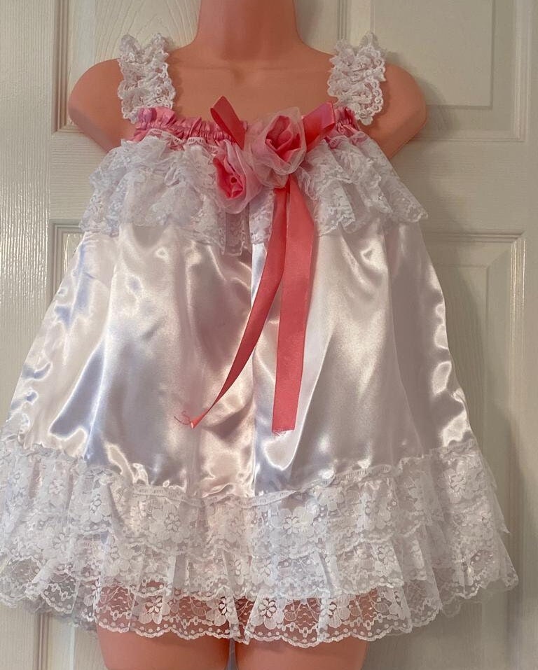 Sissy Baby Doll Nighty Negligee Dress Set, Shiny White Satin, Lace ...