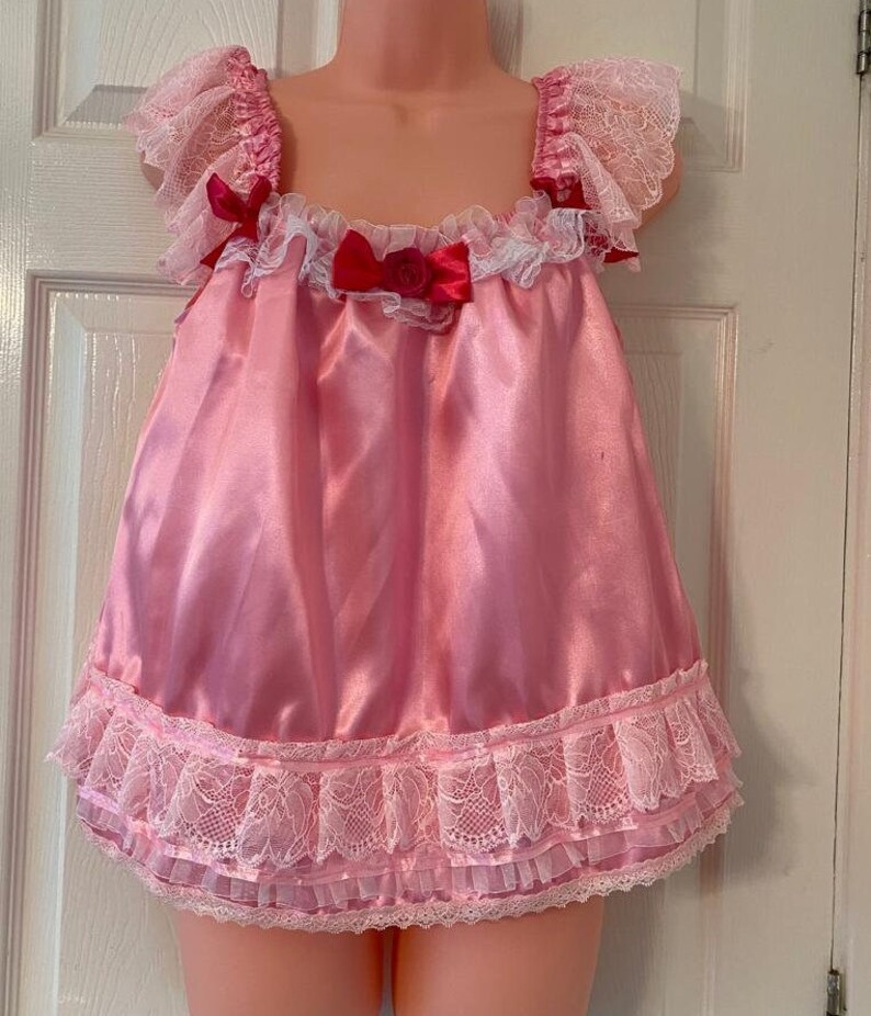 Sissy Pink Shiny Satin and Soft Pink Lace Baby Doll Nighty Etsy