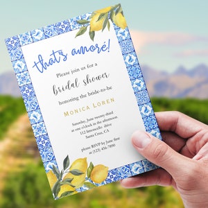 Lemon Bridal Shower Invitation Template, Italian Blue Tiles Bridal Shower Invite, Main Squeeze, That&#39;s Amore