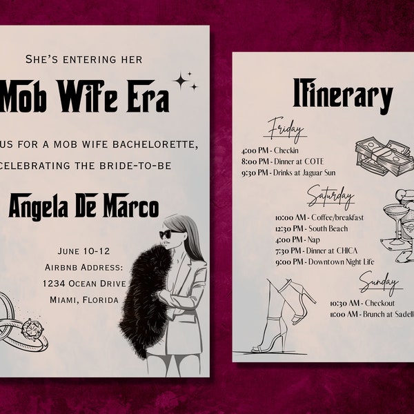 Mob Wife Bachelorette Party Invitation Template Vintage Bachelorette Party Itinerary - Bridal Shower -Bachelorette Invite Mob Wife Aesthetic