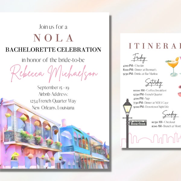 New Orleans, NOLA Bachelorette Weekend Invitation and Itinerary | Canva Customizable Template For Pre Wedding Festivities | French Quarter