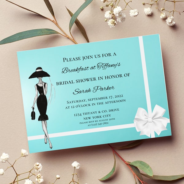 Breakfast At Tiffany's Bridal Shower Invitation Template | Audrey Hepburn Inspired Canva Design For Wedding Festivities or Any Event