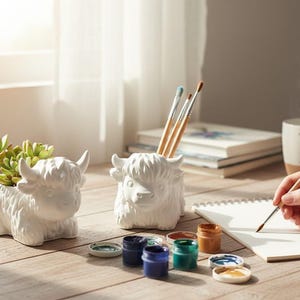 May include: Two white ceramic planters shaped like highland cattle. One planter holds a green succulent, while the other contains three wooden paintbrushes. Small paint pots in blue, green, and brown are arranged on the wooden surface.