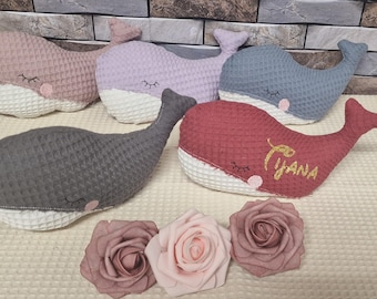 Whale baby pillow, whale cuddly toy, personalized whale baby