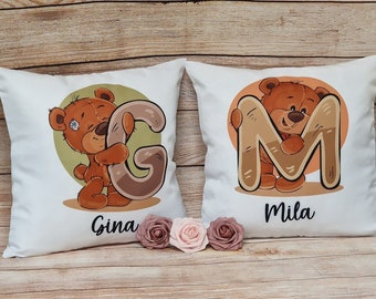 Funda de almohada personalizada para niños con letras y osito divertido, almohada con letra deseada, almohada con nombre deseado