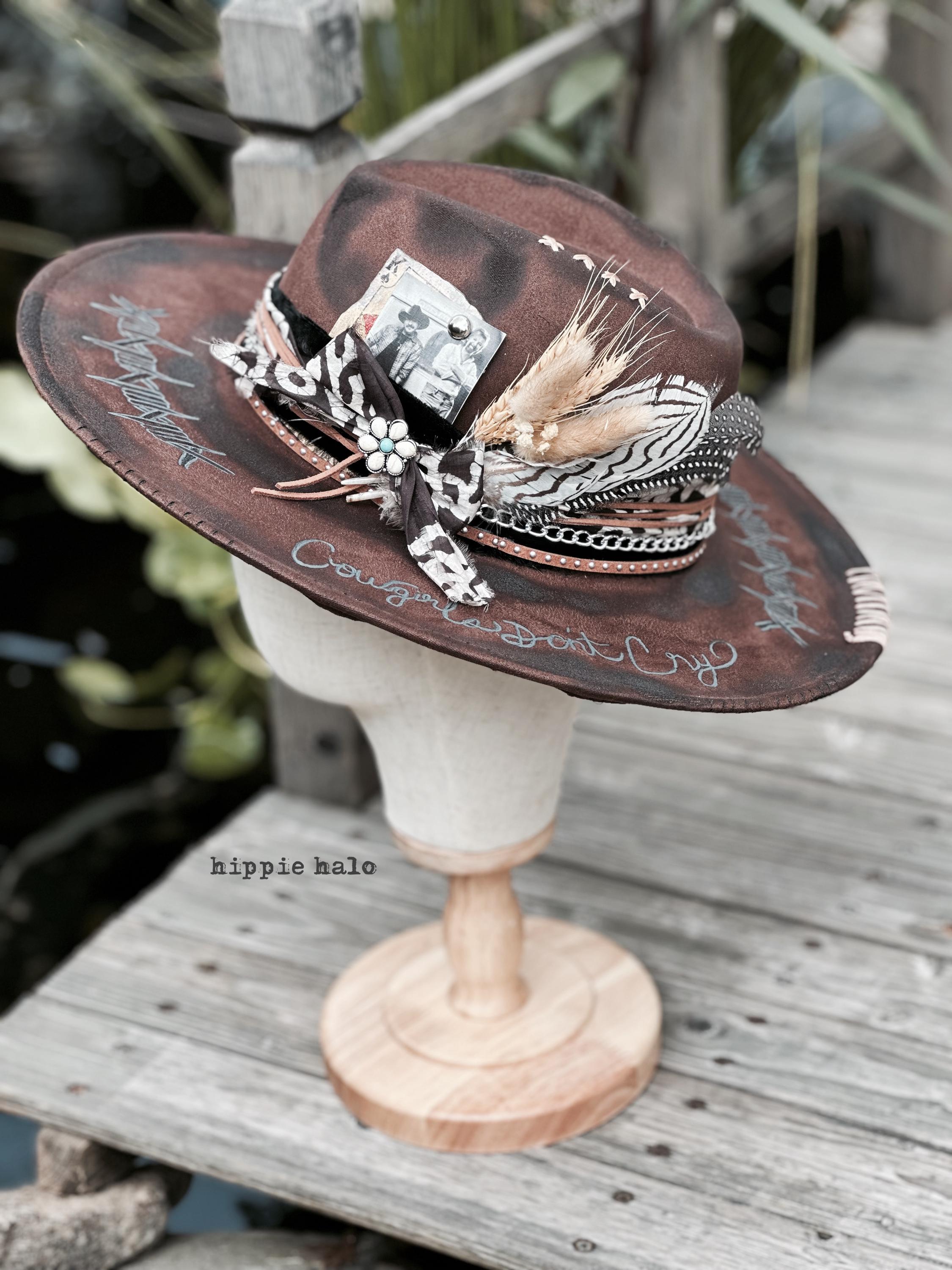 Olive Western Hat with Feather and burned Barbwire Vegan suede cowboy distressed with barbed wire main image 3