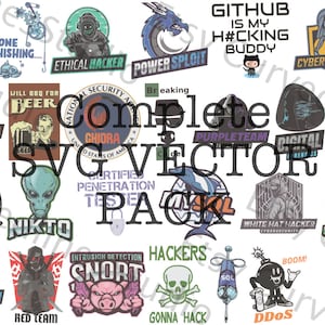 May include: A collection of vector graphics featuring various hacker-themed designs. Includes illustrations of a Guy Fawkes mask, a stylized shark, and text such as "Ethical Hacker" and "Dark Web Hacker". The words "Complete SVG Vector Pack" are also present.
