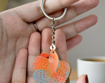 Betta Fish Keychain – Hand-Designed Acrylic or Wood Charm, Double-Sided Art