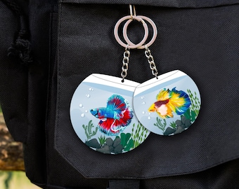 Colorful Fish Bowl Keychain - Lucky Betta Fish Charm - Mini Aquarium Keyring