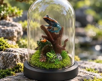 Könnte beinhalten: Eine klare Glasglocke mit schwarzem Sockel enthält ein Miniatur-Diorama. Im Inneren befinden sich drei kleine Froschfiguren auf einem braunen Baumstumpf und grünem Moosboden, darunter ein blau-oranger Frosch, ein orangefarbener Frosch sowie ein grün-schwarzer Frosch.