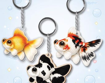 ランチュウ金魚 赤オレンジキーホルダー | 漫画ちび水族館アート 両面