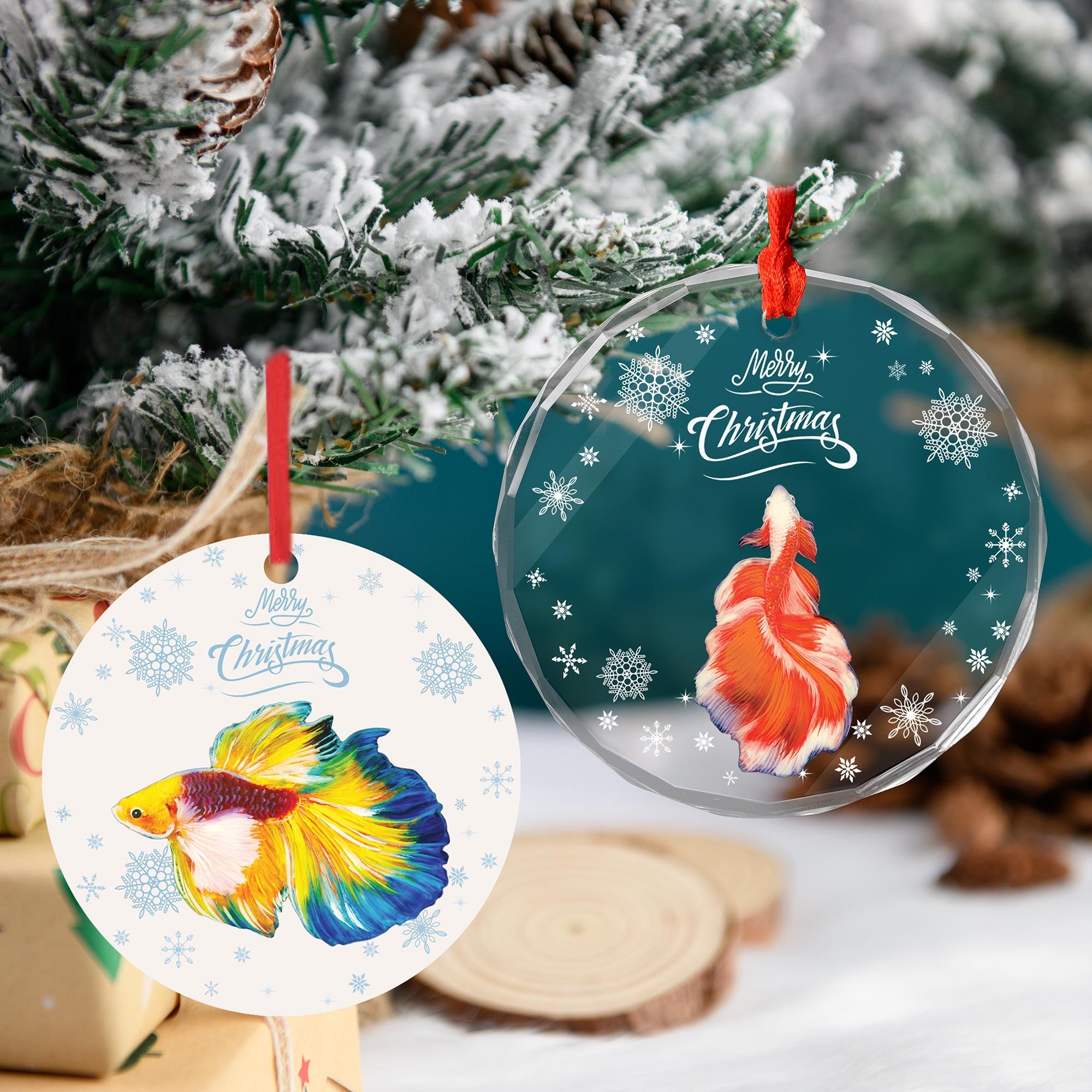 Betta Fish with Snowflake Christmas Round Ornaments - Hanging Ornament - Christmas Decor & Gift - Festive Tree Decoration