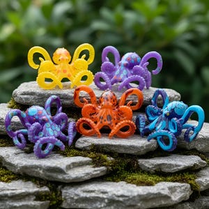 Könnte beinhalten: Eine Sammlung farbenfroher Oktopus-Figuren in Gelb, Lila, Orange und Blau. Die Oktopus-Spielzeuge sind auf grauen Steinen mit grünem Moos angeordnet, mit einem verschwommenen grünen Hintergrund.