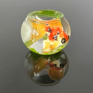 Mini Fish Tank in Glass Bowl with Gold Fish 01 (Only One Available) – Handmade Aquarium Decor – Realistic Sculpture – Home & Office Gift