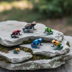 Puede incluir: Colección de figuras de ranas coloridas en varias poses y tamaños. Las ranas son de color rojo, verde, azul y naranja, con marcas detalladas. Están dispuestas sobre una superficie de piedra gris con musgo.