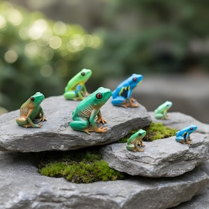 May include: A collection of colorful frog figurines in various sizes. The frogs are primarily green, blue, and yellow, with red eyes and orange feet. They are arranged on gray rocks with patches of green moss, creating a naturalistic display.