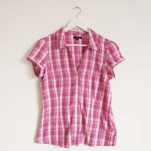 Pink blouse checkered, Ladies shirt blouse, Western shirt, With spark, Button Down Shirt, Short sleeve shirt, blouse with pockets, Retro top