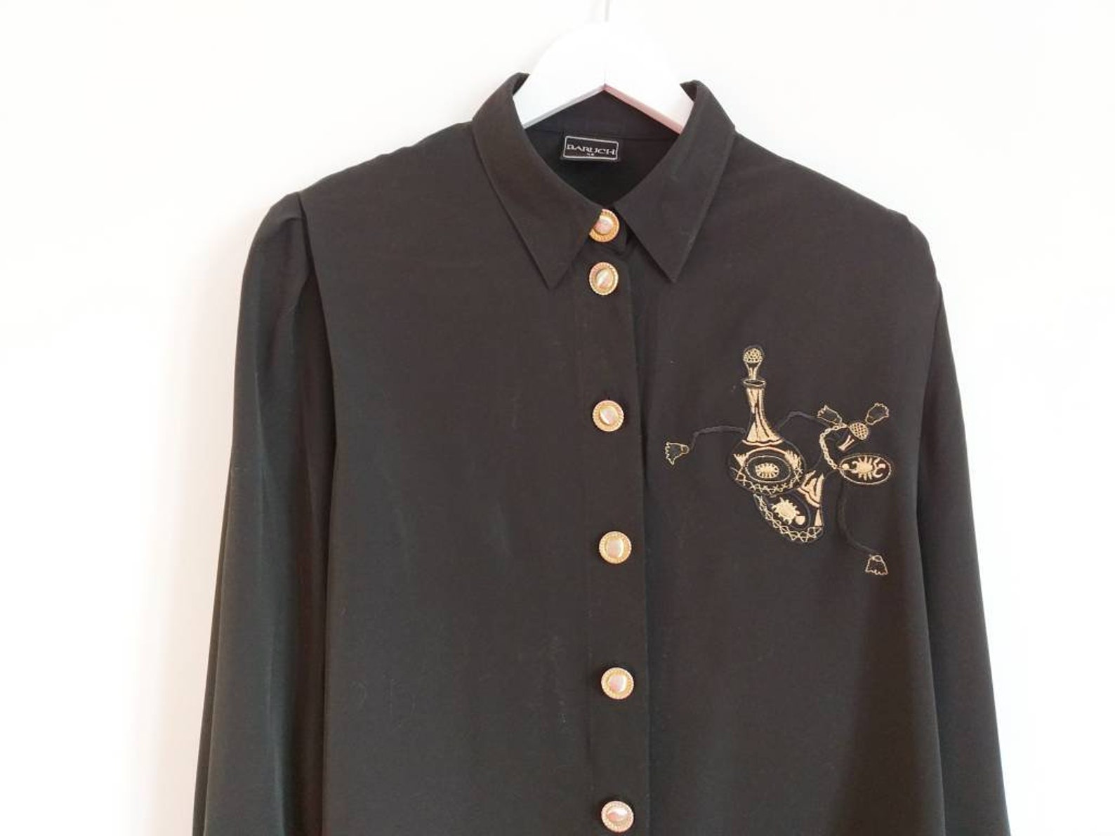 Black Vintage Blouse With Golden Decor, Button Down Blouse, Long Sleeve ...