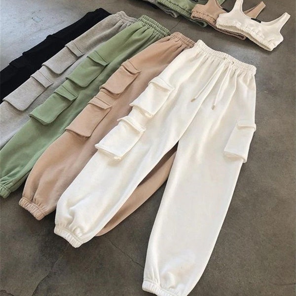 Spring Autumn Vintage Patchwork Joggers Sweatpants Harajuku Woman Trousers Elastics High Waist Solid Pants 5 Colors