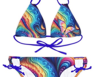 Neon Wavy Pattern with Butterfly Bikini, Neon Swimwear, Trendy Bathing Suit, Gift for Her, Bright Color Beachwear, Bright Neon Swimming Suit