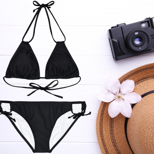 Black Two Piece Bikini Set, Black Swimsuit, Bikini With Adjustable Straps, Summer Gift Idea, Pool Attire, Beach Apparel, Gift for Her