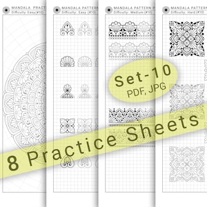 Puede incluir: Un conjunto de 8 hojas de práctica de mandalas imprimibles en formato PDF y JPG. Las hojas incluyen una variedad de patrones de mandalas, que van de fácil a difícil. Los patrones están diseñados para ayudarte a mejorar tus habilidades de dibujo y crear hermosos mandalas.