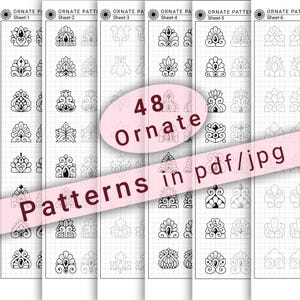 May include: A printable sheet with 48 ornate patterns in black and white. The patterns are arranged in six columns, each with eight patterns. The text "48 Ornate Patterns in pdf/jpg" is written in red and white on a pink background.