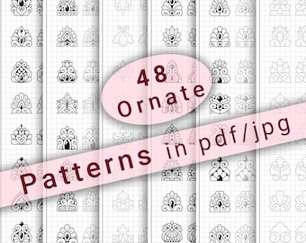 Diseños sencillos de patrones básicos de mandalas ornamentados en formato PDF/JPG para practicar esquemas, colorear y terapia artística. Descarga digital instantánea en tamaño A4.