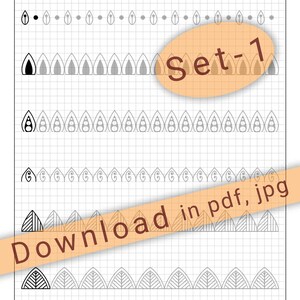 May include: A black and white mandala pattern practice sheet with the text "MANDALA PATTERN PRACTICE SHEET (M.P.P.S.)" and "Difficulty: Easy (#1)" at the top. The sheet is divided into five rows with different patterns of black and gray shapes. The text "Set-1" is in a large orange oval in the middle of the sheet. The text "Download in pdf, jpg" is in a large orange rectangle at the bottom of the sheet.