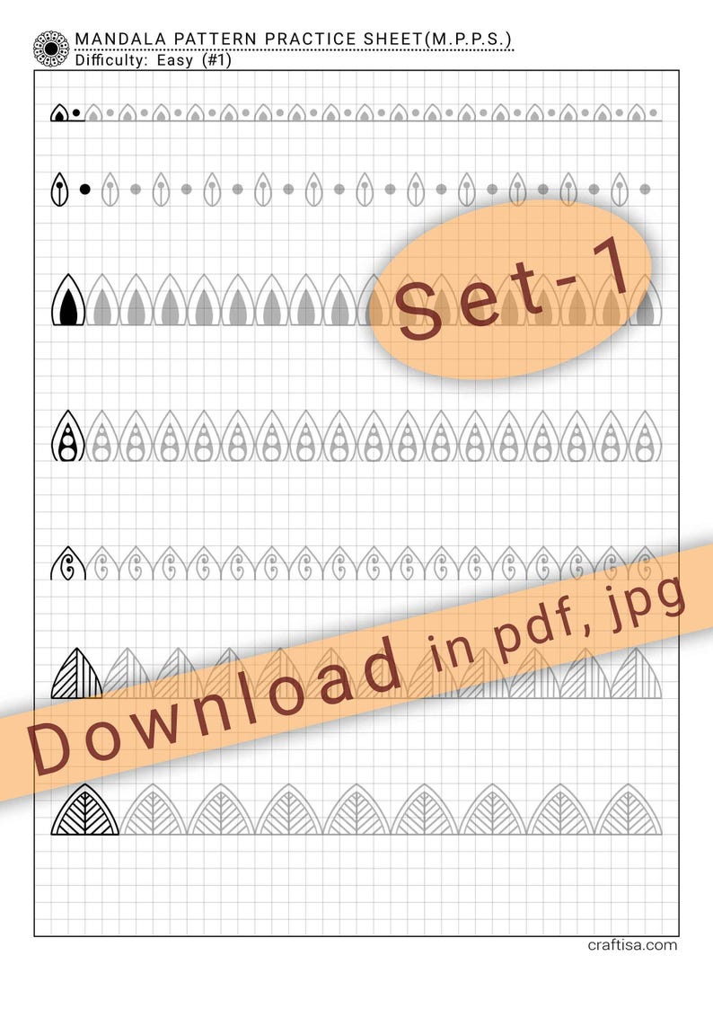 May include: A black and white mandala pattern practice sheet with the text "MANDALA PATTERN PRACTICE SHEET (M.P.P.S.)" and "Difficulty: Easy (#1)" at the top. The sheet is divided into five rows with different patterns of black and gray shapes. The text "Set-1" is in a large orange oval in the middle of the sheet. The text "Download in pdf, jpg" is in a large orange rectangle at the bottom of the sheet.